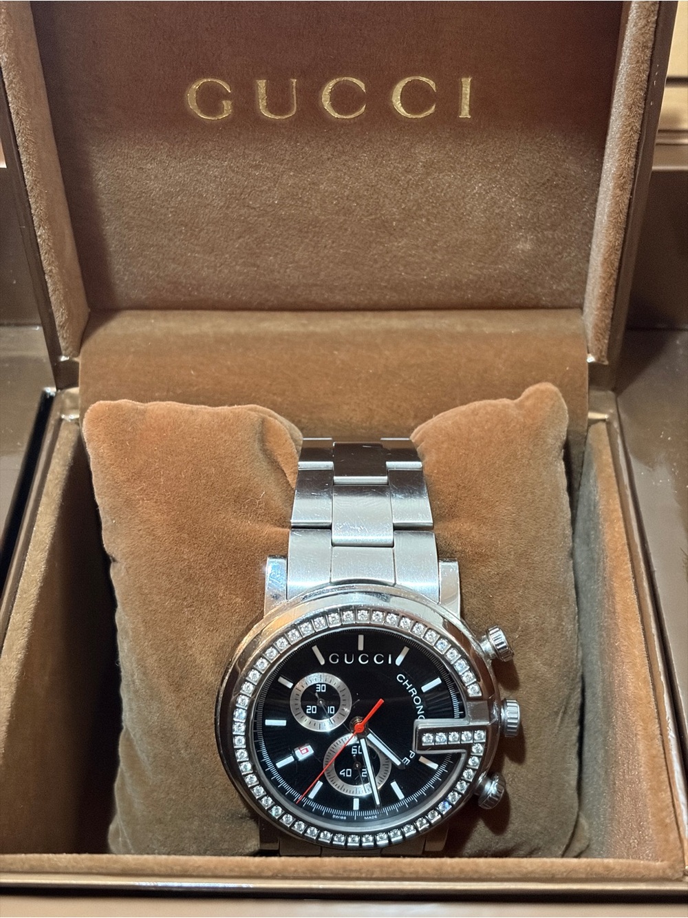 Gucci Silver Stainless Steel/Black 101M Chronograph Watch, Diamond bezel